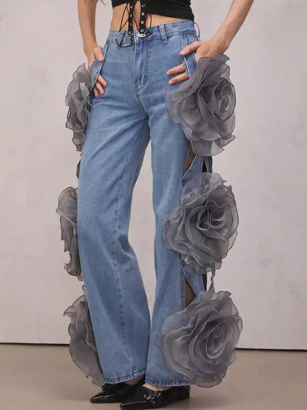 Blooming Flower Applique Cut-Out Jeans Branna Couture