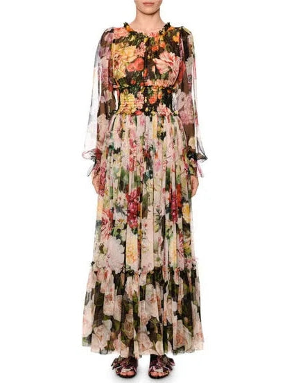 Blouson-Sleeve Floral-Print Chiffon Gown - Branna Couture