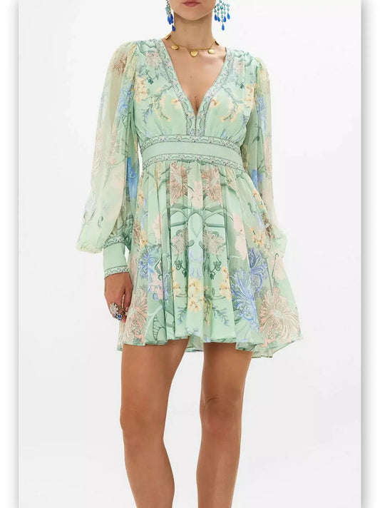 Blouson-Sleeve Printed Plunged V-Neck Silk Mini Dress in Mint - Branna Couture