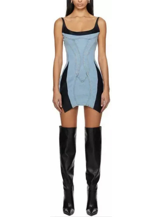 Blue & Black Paneled Denim Mini Dress - Branna Couture