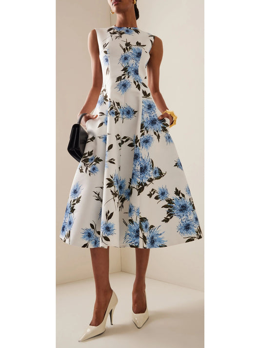 Blue Dahlia Print Taffeta-Faille Dress - Branna Couture