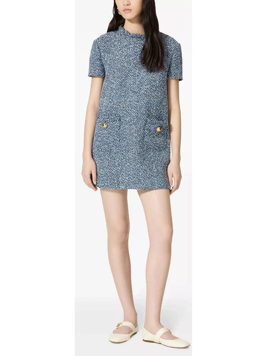 Blue Denim Effect Short-Sleeve Tweed Shift Dress - Branna Couture