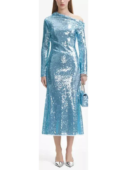 Blue Sequin Asymmetric Midi Dress - Branna Couture