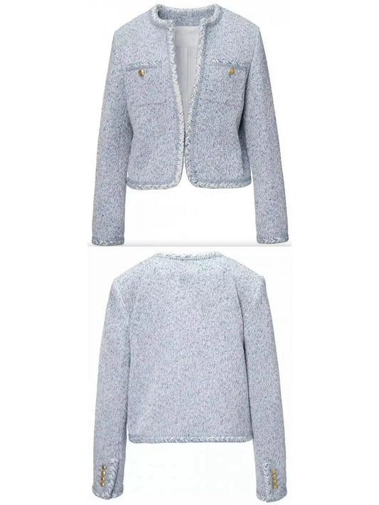 Blue Tweed Jacket with Braided-Trim - Branna Couture