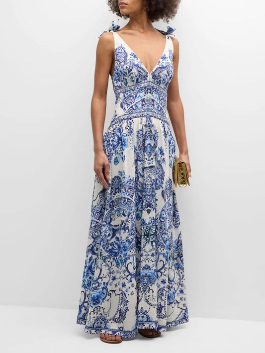 Blue and White Porcelain Print Tie-Shoulder Silk and Linen Maxi Dress - Branna Couture