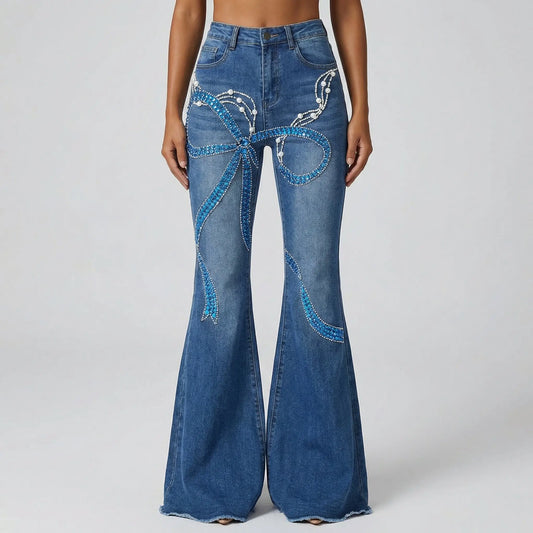 Blue Beaded Sequin Bow Flare Jeans - Small - Jeans & Pants