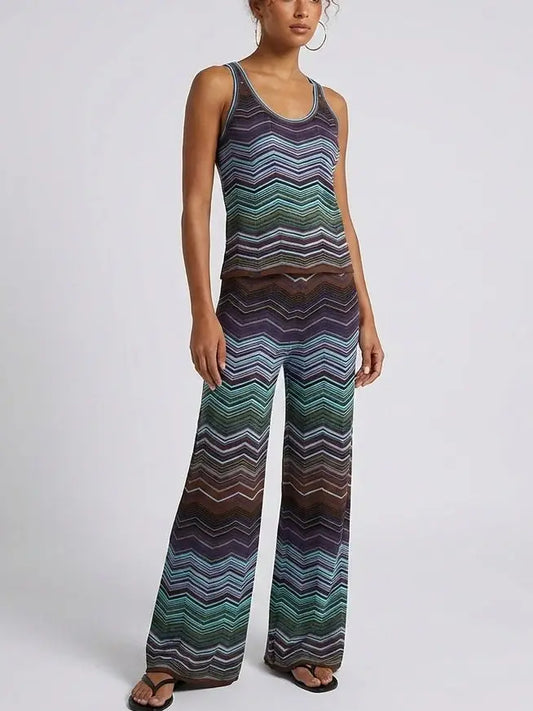 Blue Chevron Stripe Knit Tank and Pant Set - S - Suits & Sets