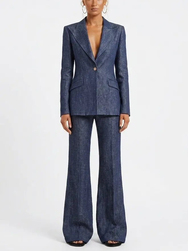 Blue Denim Colored Blazer and Flare Pants Set - S - Suits & Sets