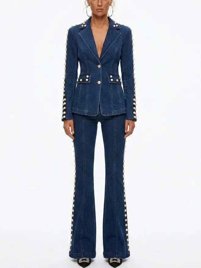 Blue Denim Pearl Embellished Blazer and Flare Jeans Set - S - Suits & Sets