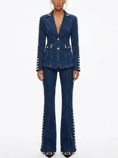Blue Denim Pearl Embellished Blazer and Flare Jeans Set - S - Suits & Sets