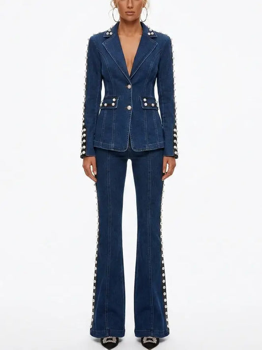 Blue Denim Pearl Embellished Blazer and Flare Jeans Set - S - Suits & Sets