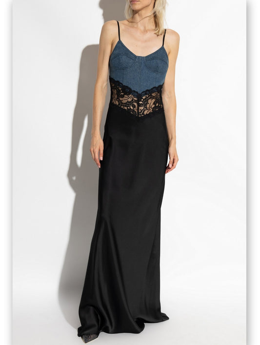 Blue Denim and Black with Lace Insert Long Maxi Dress - Branna Couture