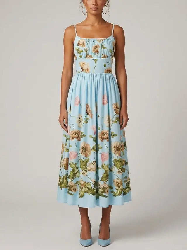 Blue Fit and Flare Botanical Print Gathered Midi Dress - S - Dresses