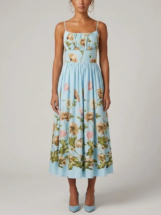 Blue Fit and Flare Botanical Print Gathered Midi Dress - S - Dresses