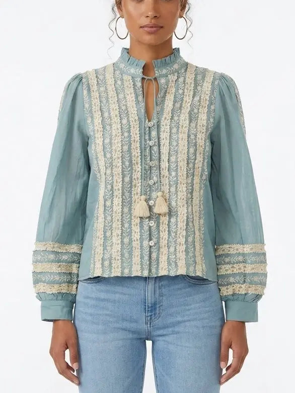 Blue Floral Embroidered Lace Panel Tie-Neck Blouse - Small - Tops