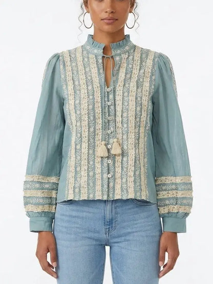 Blue Floral Embroidered Lace Panel Tie-Neck Blouse - Small - Tops
