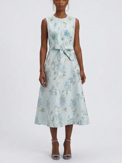 Blue Floral Jacquard A-Line Midi Dress with Tie Belt - S - Dresses