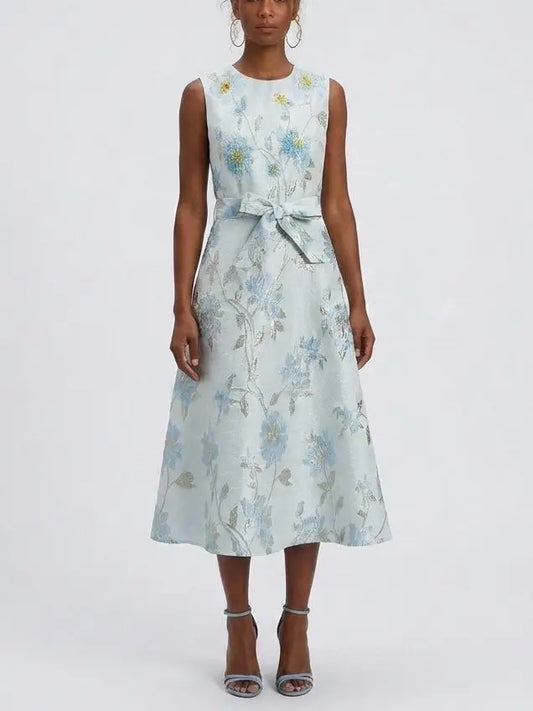 Blue Floral Jacquard A-Line Midi Dress with Tie Belt - S - Dresses