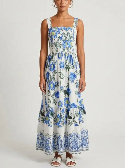 Blue Dahlia Print Taffeta-Faille Dress - S - Dresses