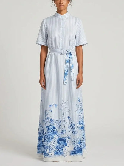 Blue Floral Print Striped Belted Silk Shirt Maxi Dress - S - Dresses