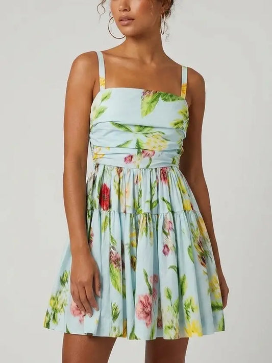 Blue Floral Ruched Bodice Tiered Cotton Mini Dress - S - Dresses