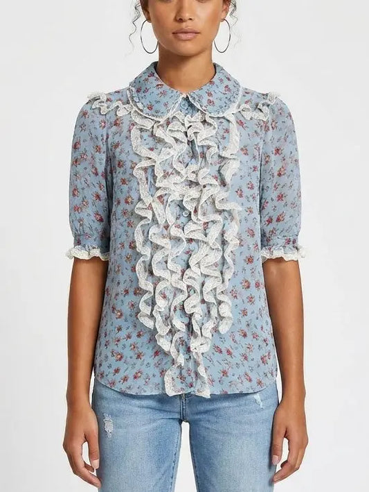 Blue Floral Silk Blouse with Cascading Ruffles - S - Tops