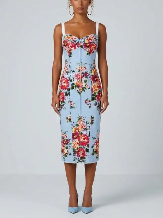 Blue Floral Silk Sheath Midi Dress - S - Dresses