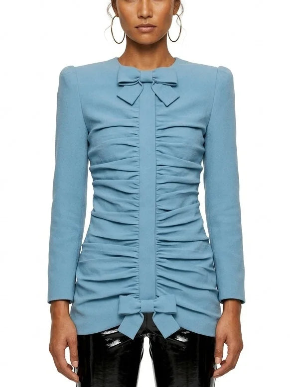 Blue Gathered Jacket with Bow Details - Small - Jackets