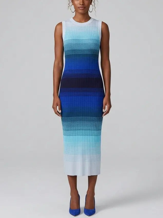 Blue Ombre Sleeveless Knit Midi Dress - Small - Dresses