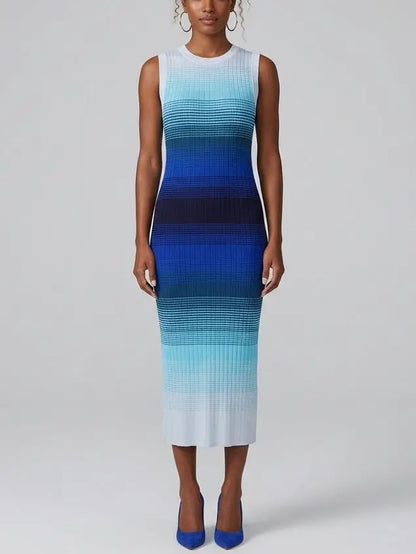 Blue Ombre Sleeveless Knit Midi Dress - Small - Dresses