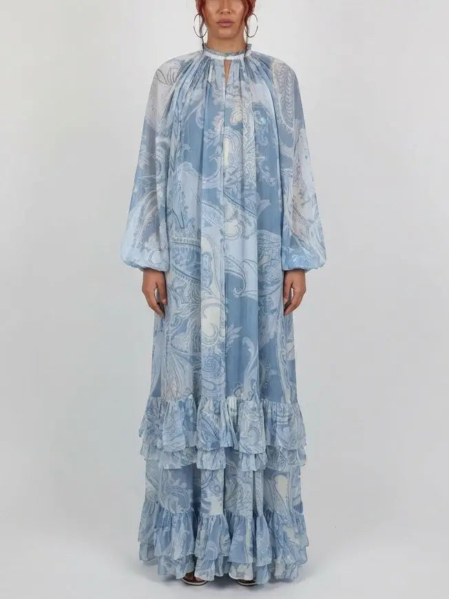 Blue Paisley Print Tiered Ruffle Maxi Dress - S - Dresses