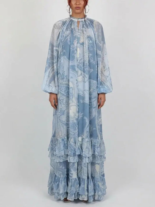 Blue Paisley Print Tiered Ruffle Maxi Dress - S - Dresses