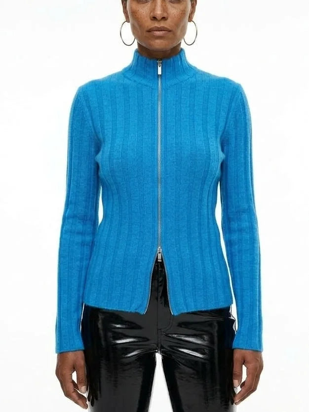 Blue Ribbed Wool Zip Front Cardigan Sweater - S - Sweaters & Knitwear