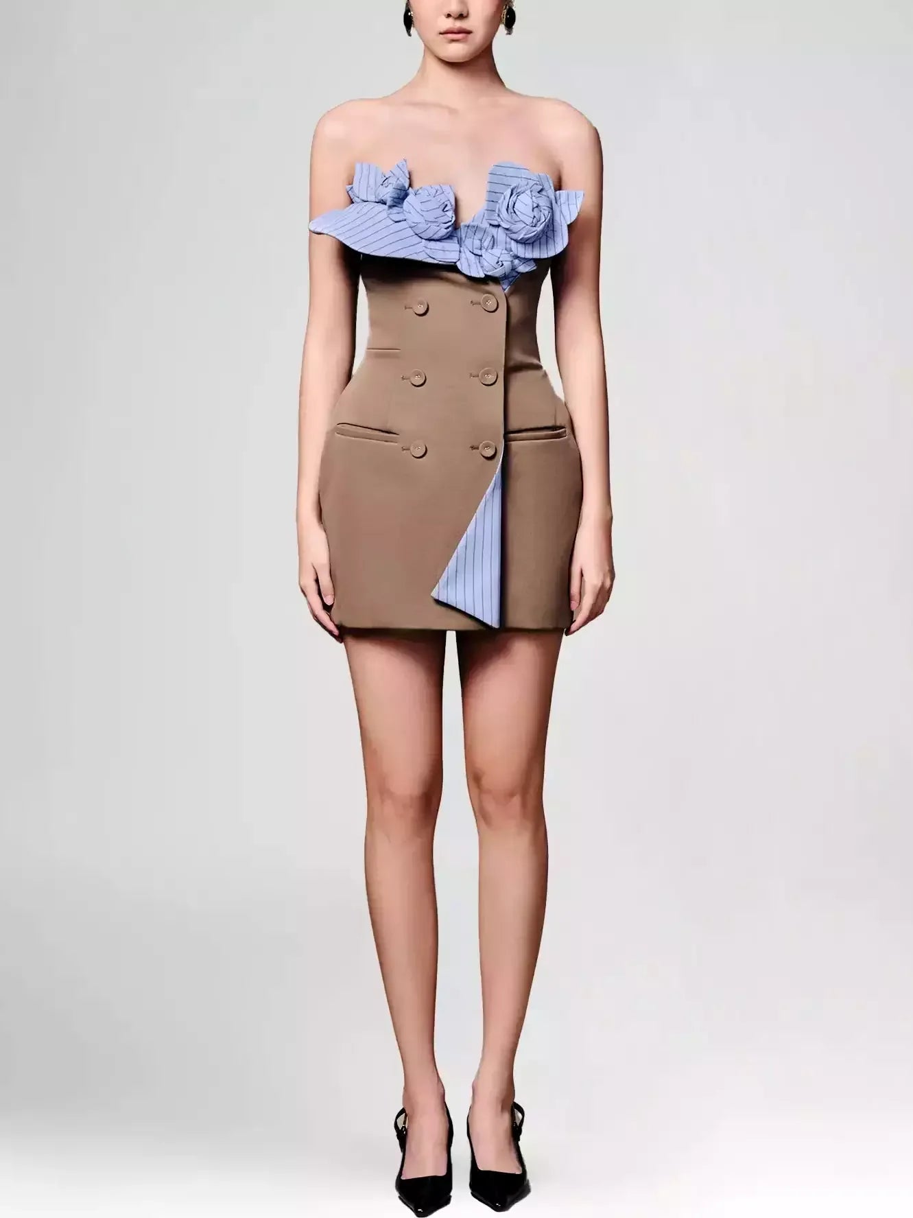 Blue Rose-Appliques Pinstripe-Contrast Brown Mini Dress - Small - Dresses