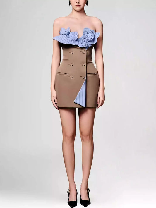 Blue Rose-Appliques Pinstripe-Contrast Brown Mini Dress - Small - Dresses