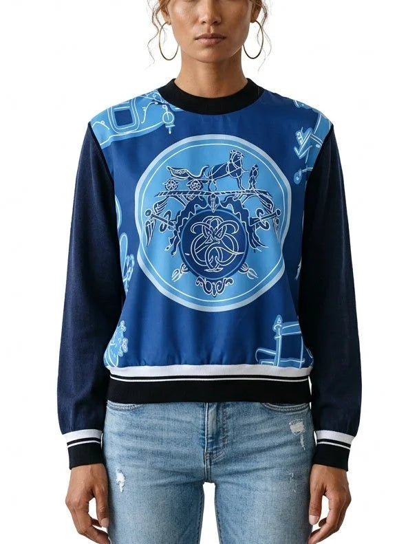 Blue Silk Blend Equestrian Print Sweater - Small - Sweaters & Knitwear