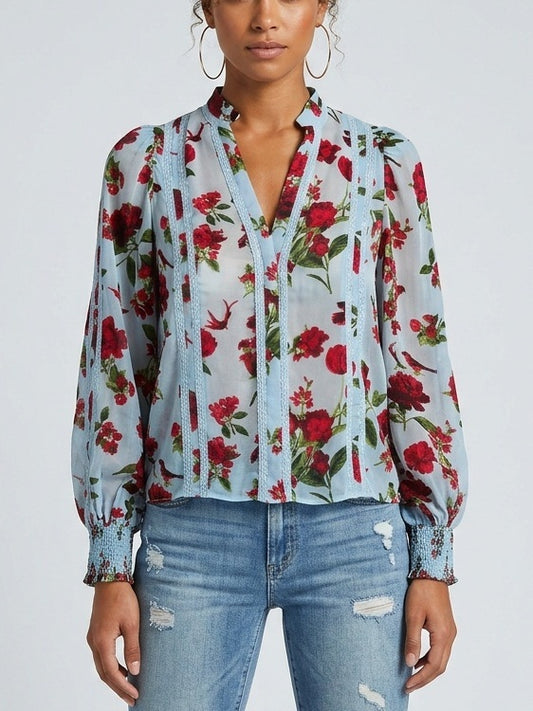 Blue Silk Rose Print Blouse - Small - Tops