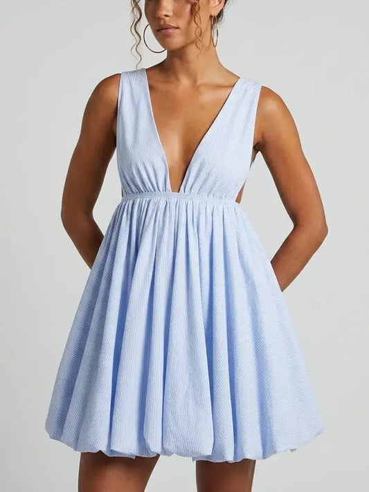 Blue Stripe Deep V Flared Mini Dress - S - Dresses