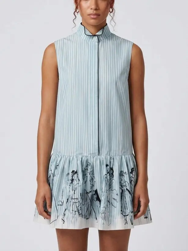 Blue Striped Sleeveless Drop Waist Mini Shirt Dress - Small - Dresses
