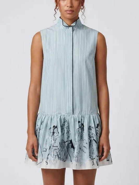 Blue Striped Sleeveless Drop Waist Mini Shirt Dress - Small - Dresses