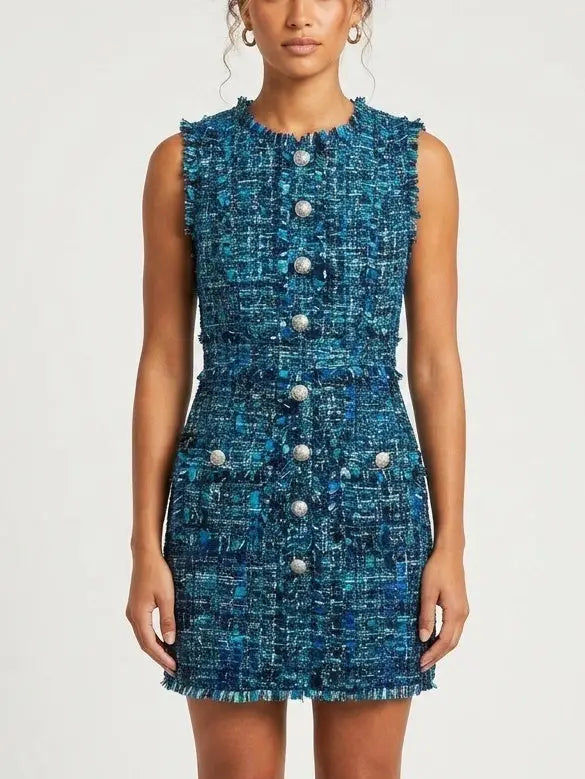 Blue Toned Frayed Tweed Mini Dress - Small - Dresses