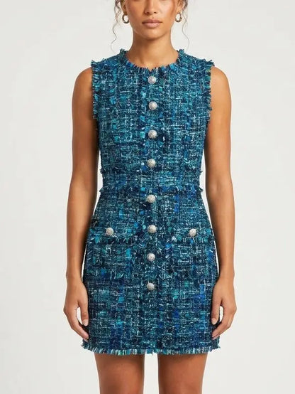 Blue Toned Frayed Tweed Mini Dress - Small - Dresses