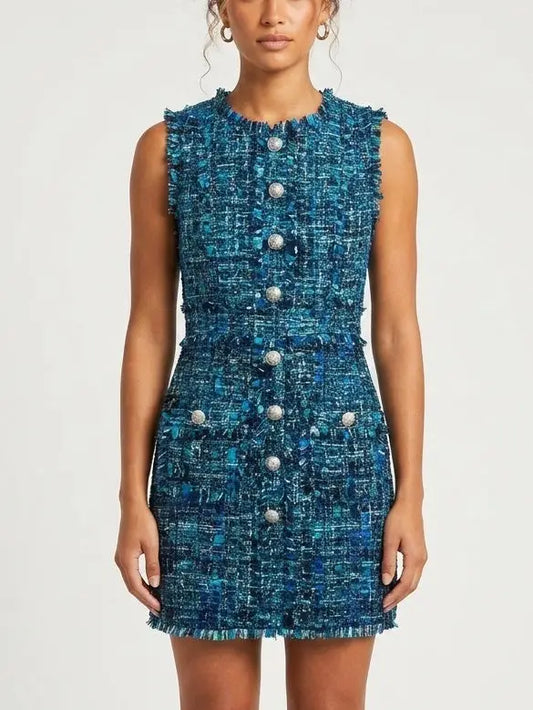 Blue Toned Frayed Tweed Mini Dress - Small - Dresses
