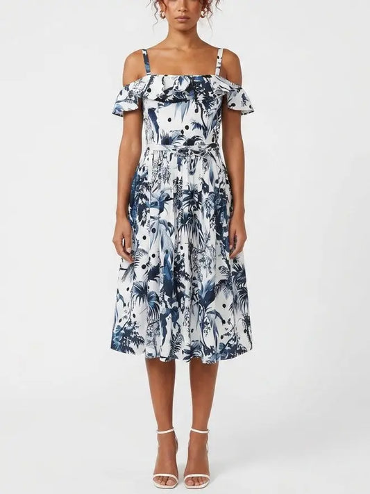 Blue Tropical Print Off Shoulder Cotton Midi Dress - S - Dresses