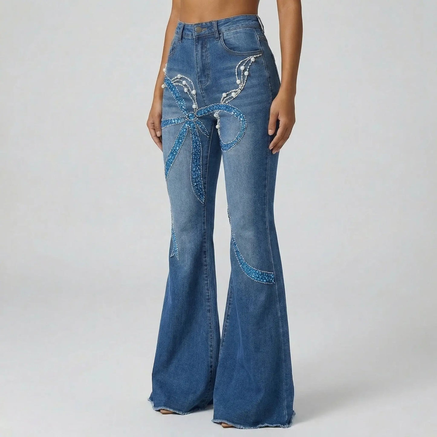 Blue Beaded Sequin Bow Flare Jeans - Jeans & Pants