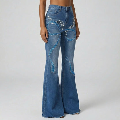 Blue Beaded Sequin Bow Flare Jeans - Jeans & Pants