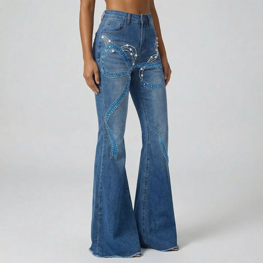 Blue Beaded Sequin Bow Flare Jeans - Jeans & Pants