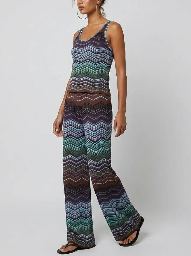 Blue Chevron Stripe Knit Tank and Pant Set - Suits & Sets