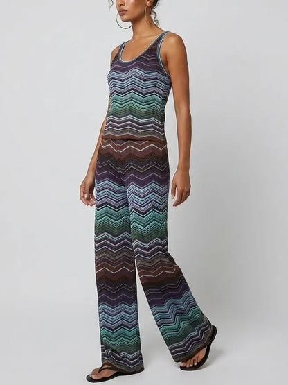 Blue Chevron Stripe Knit Tank and Pant Set - Suits & Sets