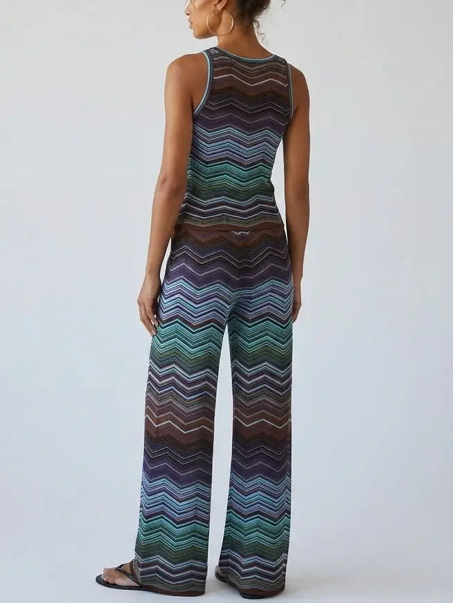 Blue Chevron Stripe Knit Tank and Pant Set - Suits & Sets
